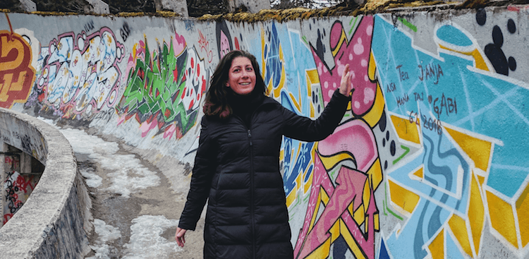 Kristin Amico visiting the bobsled track in Sarajevo in Bosnia and Herzegovina