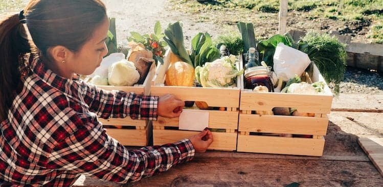 person labeling vegetables at a farmers market