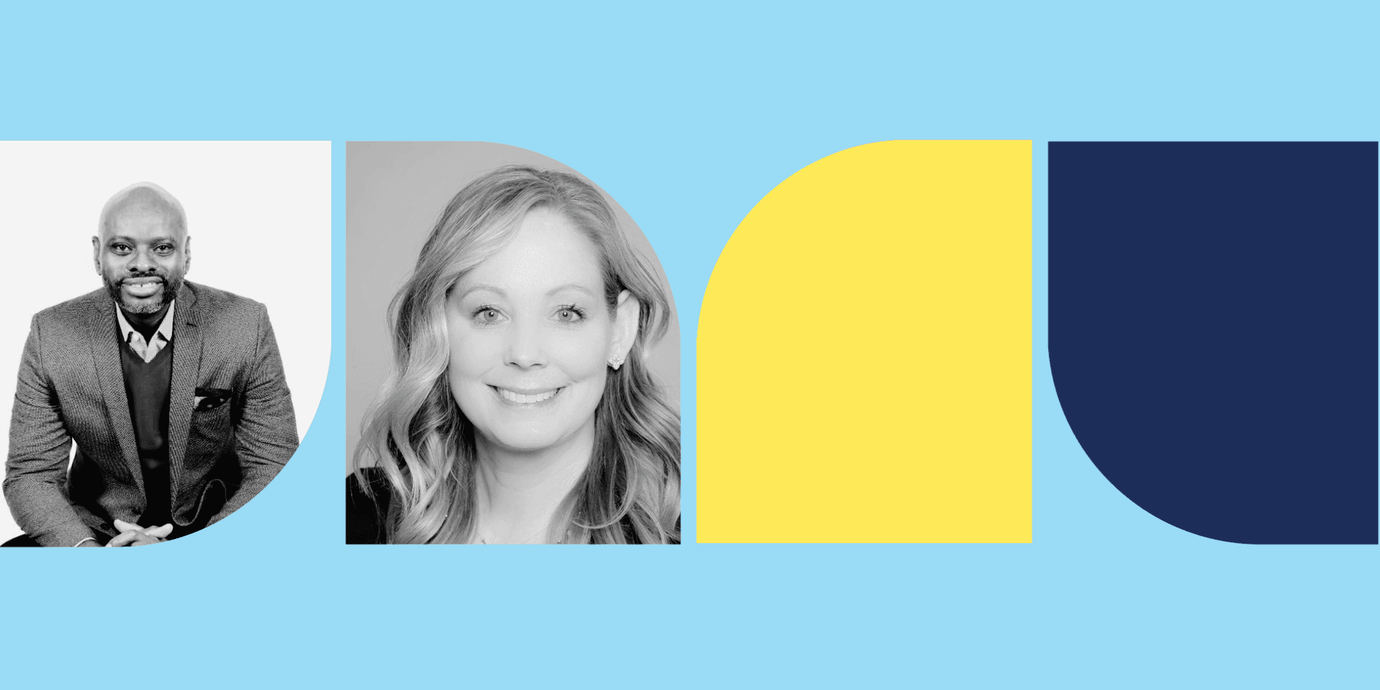 Two smiling people facing the camera. The person on the far left is wearing a blazer, sweater, and collared shirt. The person to their right has long hair and is wearing a dark shirt.