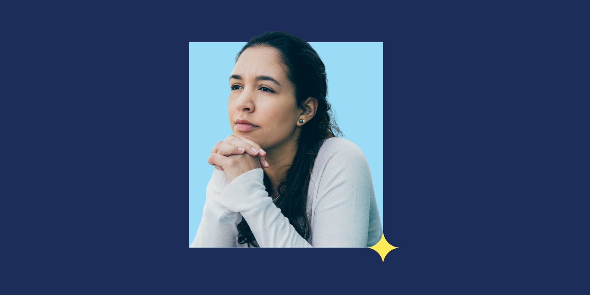 person leaning their chin on clasped hands and thinking in a light blue square with a yellow diamond in one corner against a navy blue background
