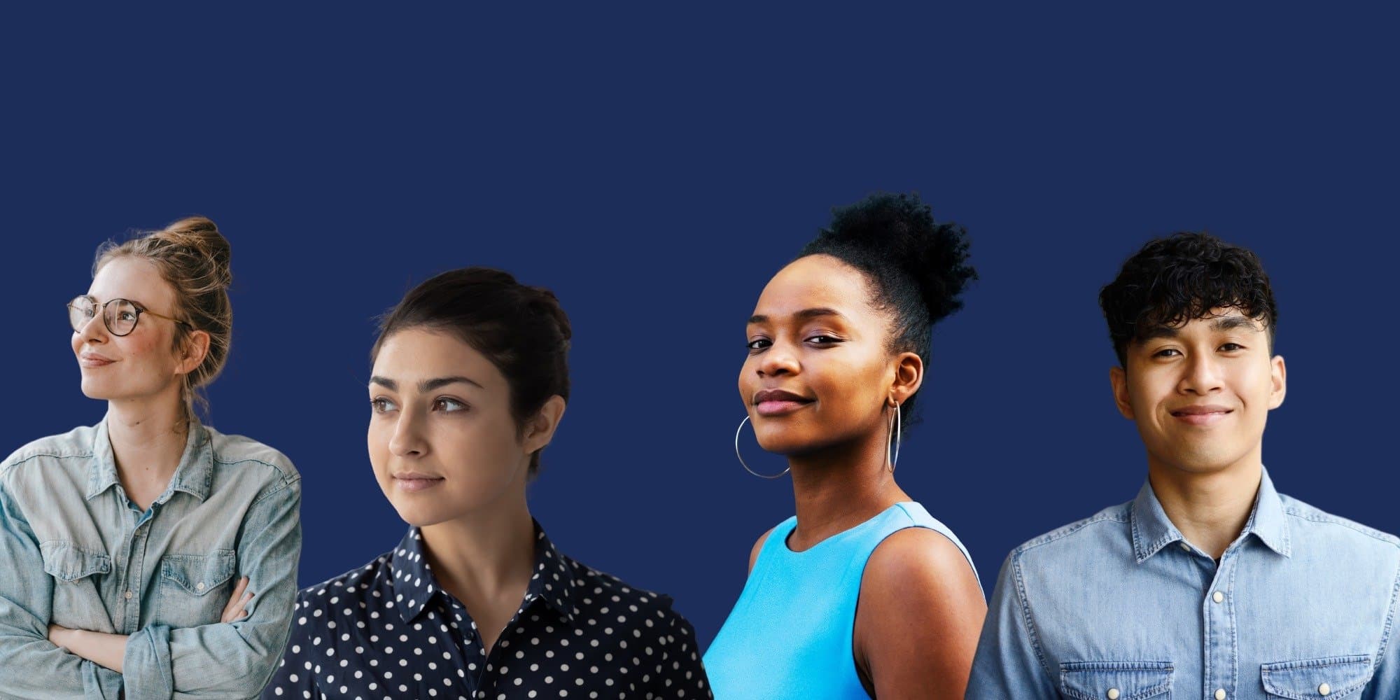 photo collage of four people looking defiant but optimistic, visible from the shoulders up, against a navy blue background